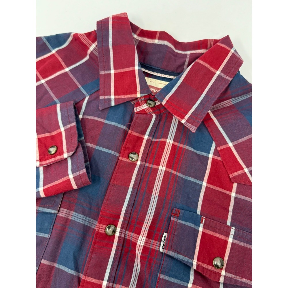 Levi's Western Pearl Snap Red Plaid Size Medium Long Sleeve Shirt Pockets B3